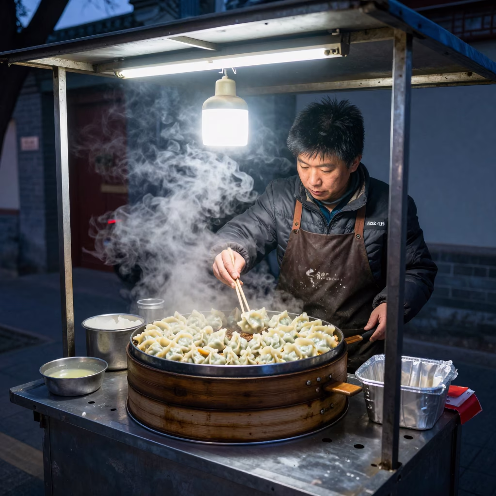 Midnight Street Food Vendor in Beijing China Selling Gyoza and Dumplings in in Beijing, China