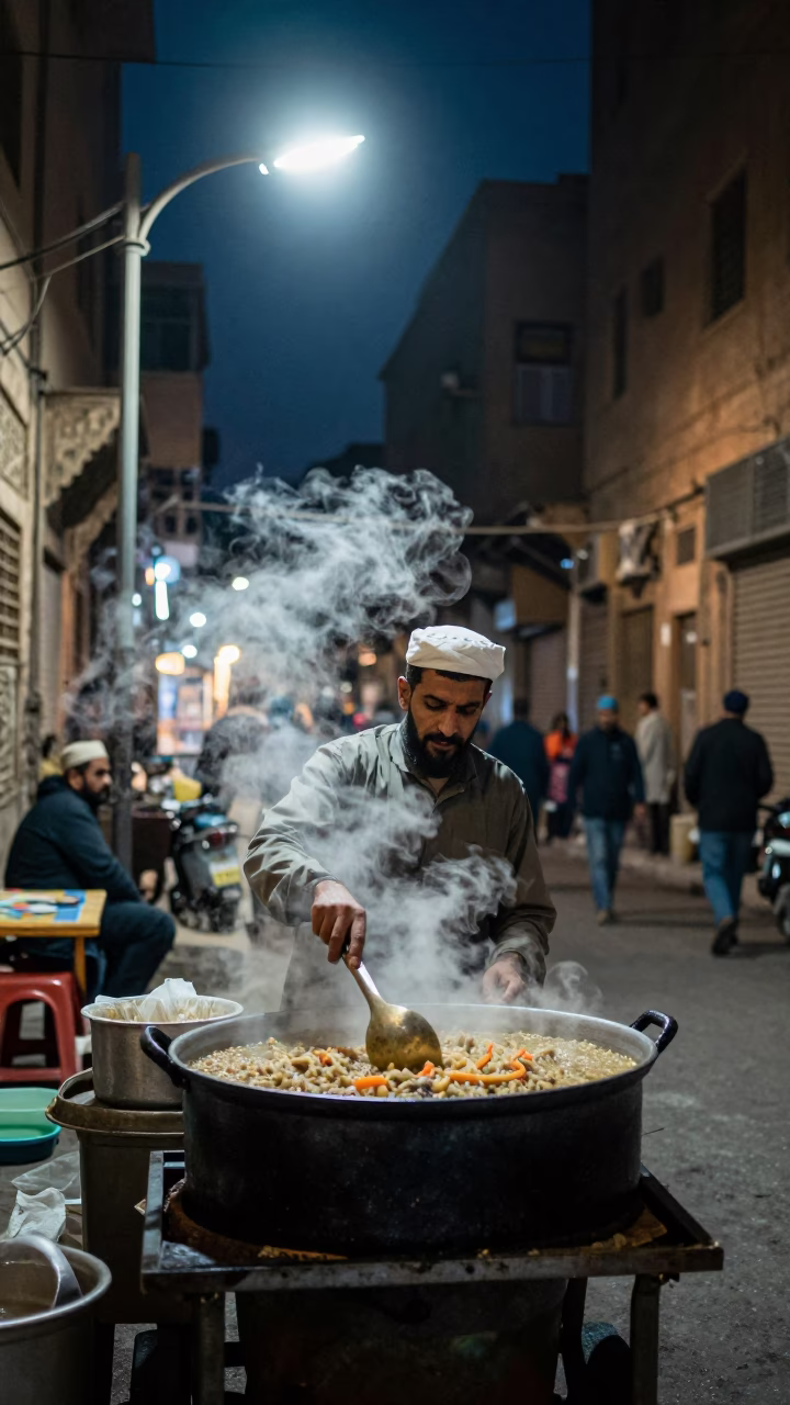 Midnight Street Food Vendor in Cairo Egypt Preparing Ash Reshteh with Kashk and Churros in in Cairo, Egypt