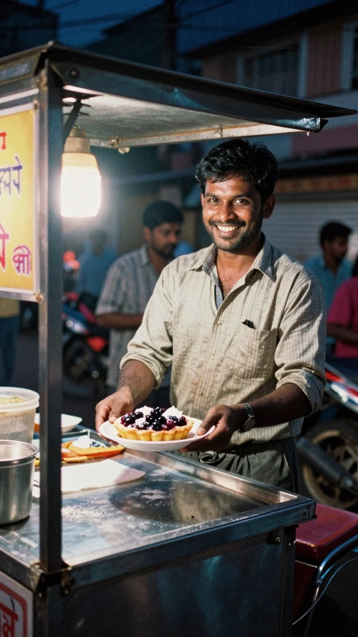Midnight Street Food Vendor in Chennai India Selling Berry Tart with Powdered Sugar in in Chennai, India