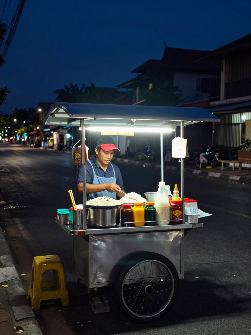 Midnight Street Food Vendor in Chiang Mai Thailand with Rice and Condiments in in Chiang Mai, Thailand