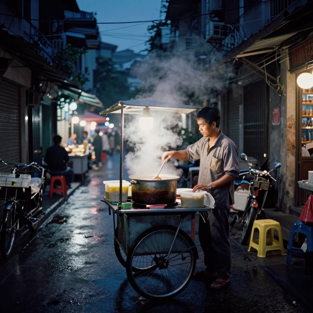 Midnight Street Food Vendor in Hanoi Vietnam with Steam and Bicycle in in Hanoi, Vietnam