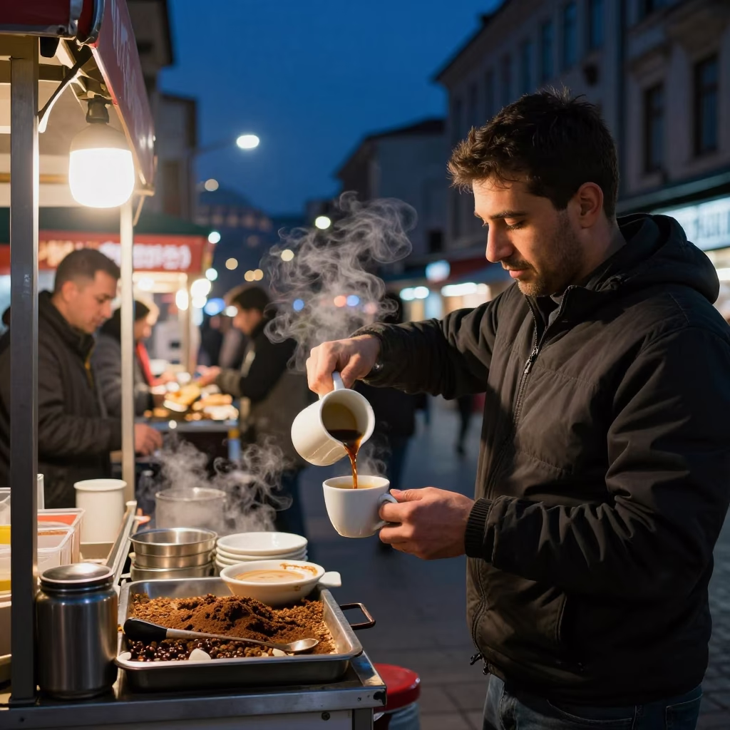 Midnight Street Food Vendor in Istanbul Serving Coffee to Late Night Customers in in Istanbul, Turkey