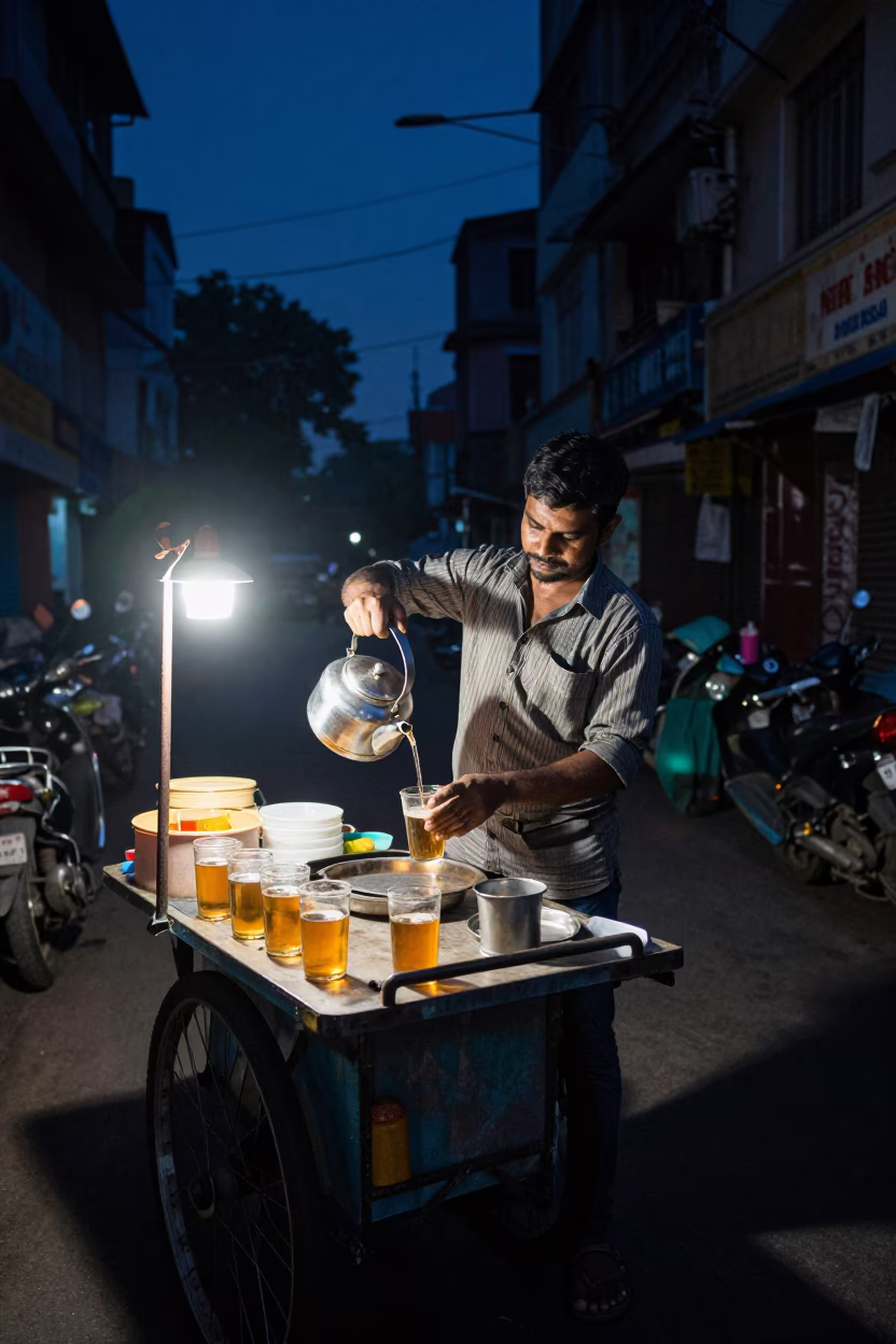 Midnight Street Food Vendor in Kolkata India Preparing Tea with Glass Jars and Steam in in Kolkata, India