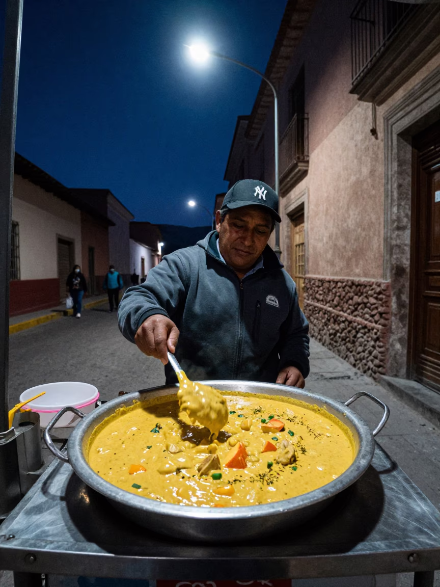 Midnight Street Food Vendor in La Paz Bolivia Serving Aji de Gallina with Rice in in La Paz, Bolivia