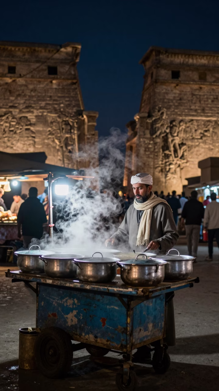 Midnight Street Food Vendor in Luxor Egypt with Steam and Night Lights in in Luxor, Egypt