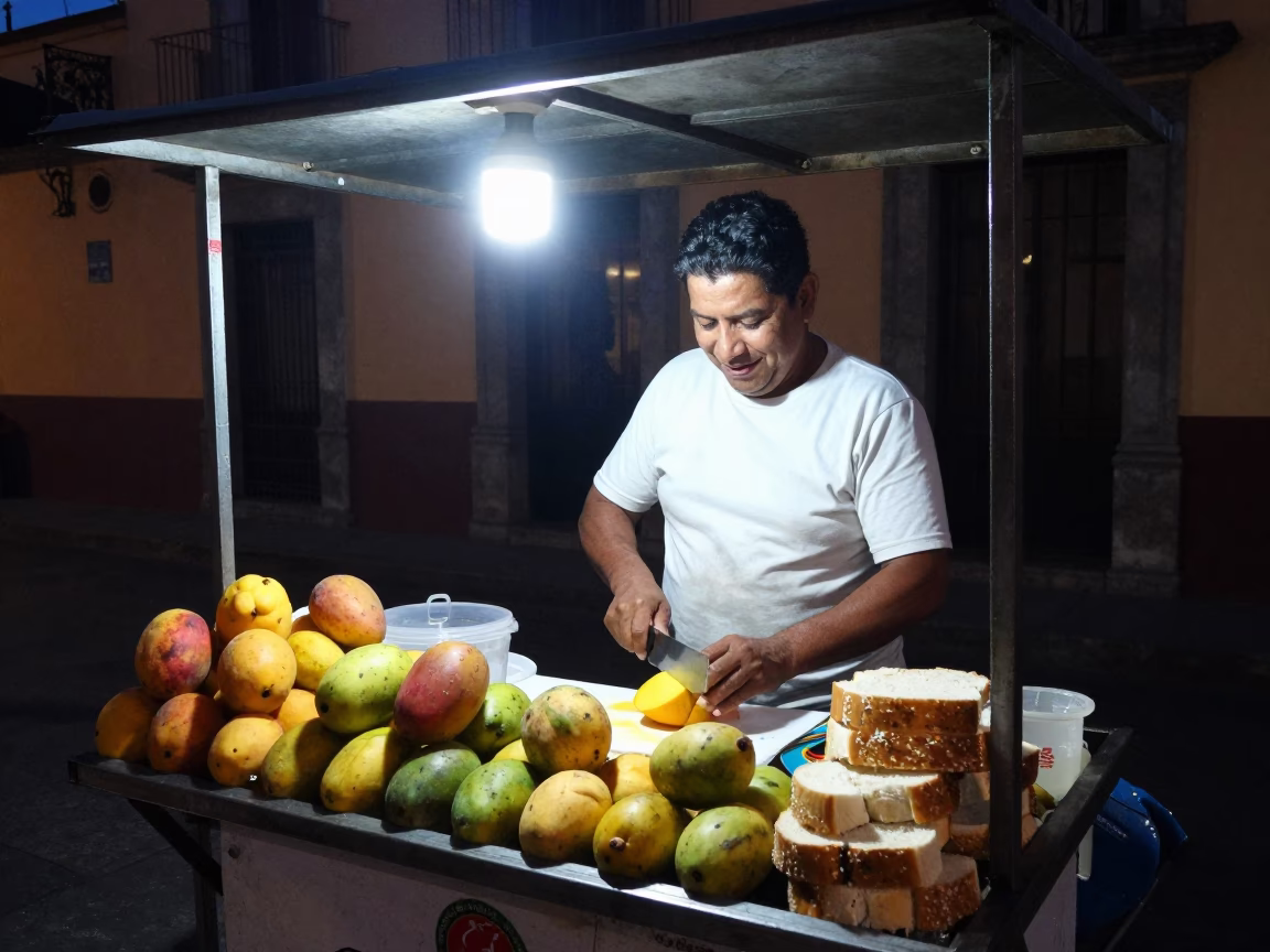Midnight Street Food Vendor in Mexico City Serving Fruit and Bread Knife in in Mexico City, Mexico