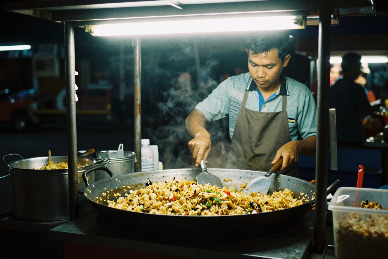 Midnight street food vendor in Phuket Thailand preparing mixed rice with trowel in in Phuket, Thailand