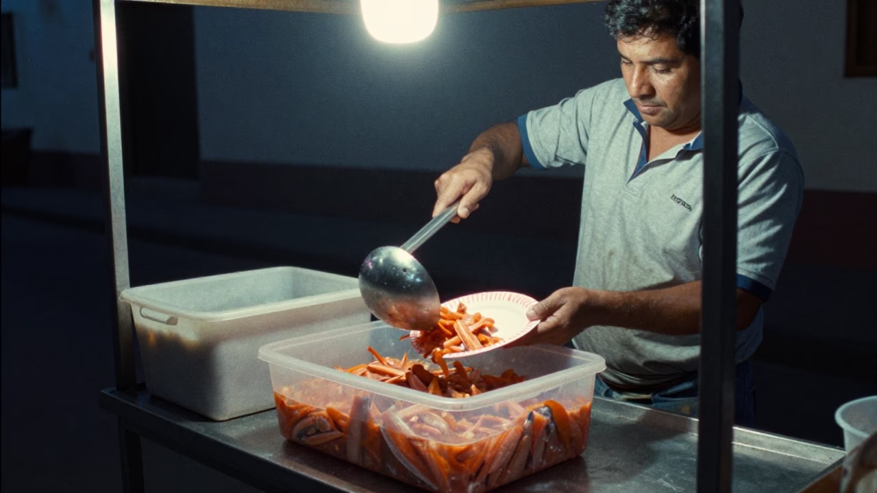 Midnight street food vendor preparing ceviche with ladle in Lima Peru in in Lima, Peru