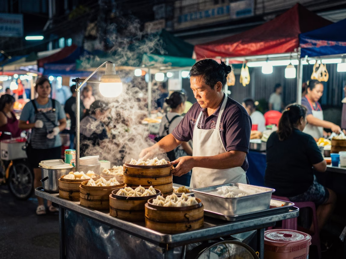 Midnight Street Food Vendor Serving Dim Sum in Bangkok Thailand in in Bangkok, Thailand
