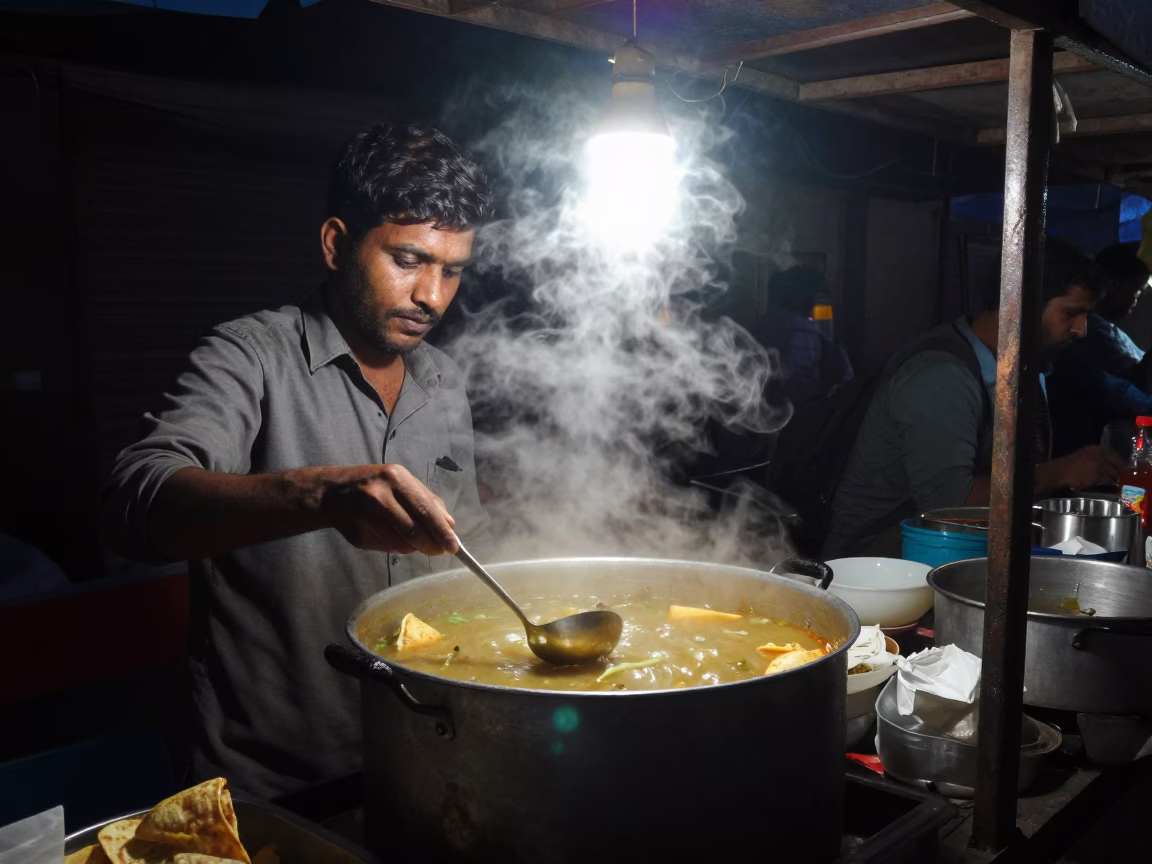 Midnight street food vendor serving hot soup in busy Delhi India night scene in in Delhi, India