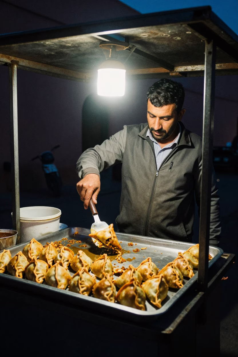 Midnight street food vendor serving spiced meat sambusa in Marrakech Morocco in in Marrakech, Morocco
