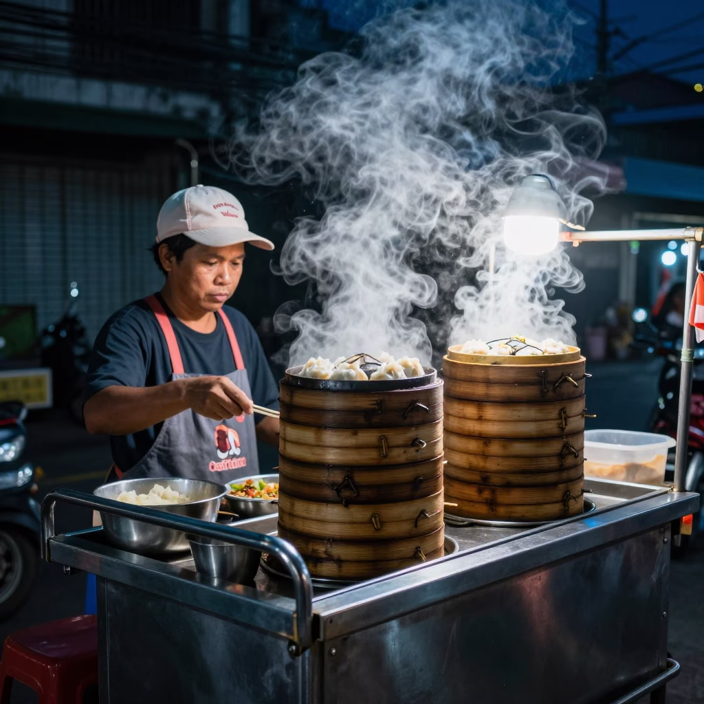 Midnight street food vendor serving steaming dim sum in Bangkok alleyway in in Bangkok, Thailand