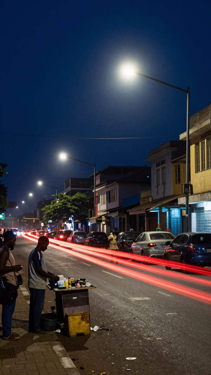 Midnight Street Life in Accra Ghana with Overpass Interchange Taillight Streaks in in Accra, Ghana