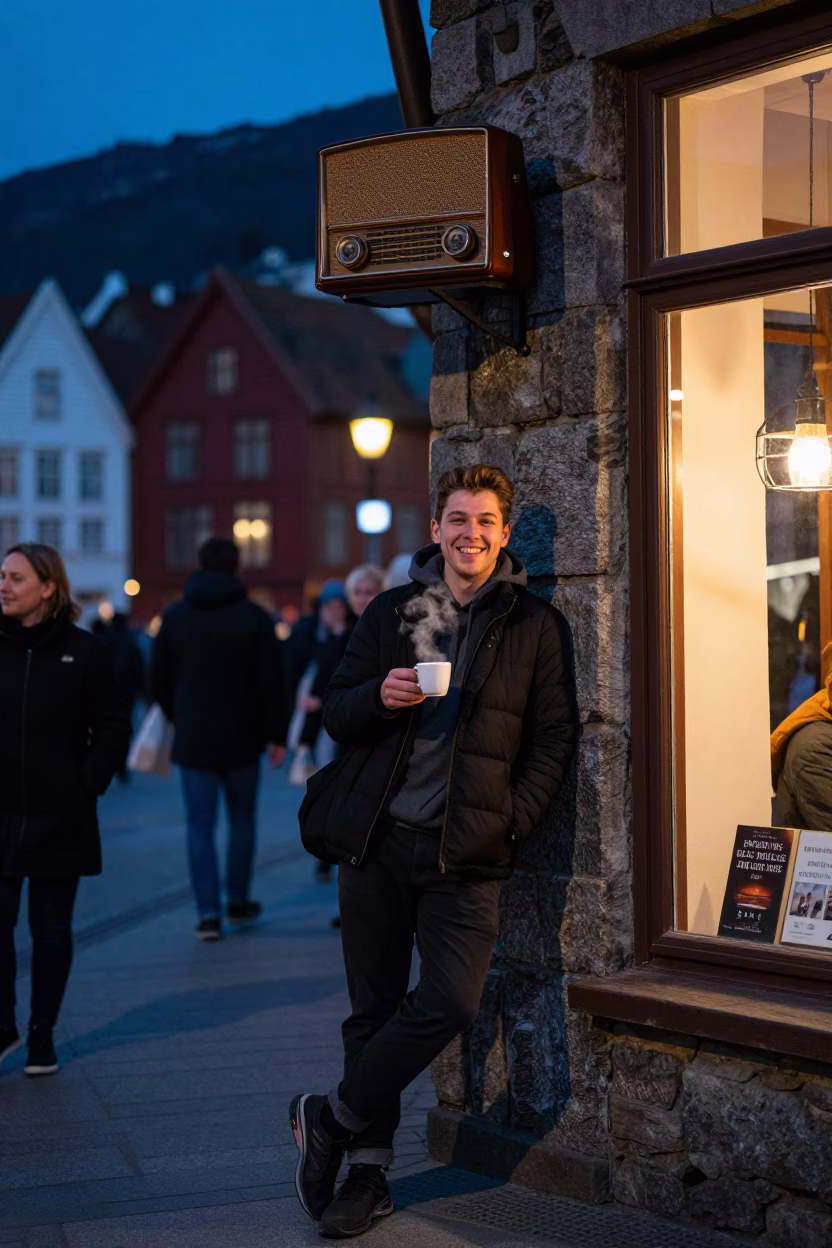 Midnight Street Life in Bergen Norway with Vintage Radio and Bookshop in in Bergen, Norway