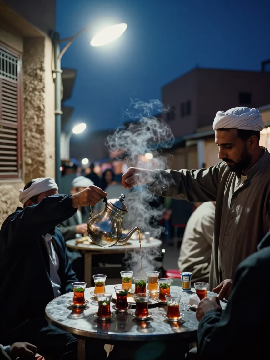 Midnight Street Life in Fez Morocco with Traditional Tea Service and Urban Details in in Fez, Morocco