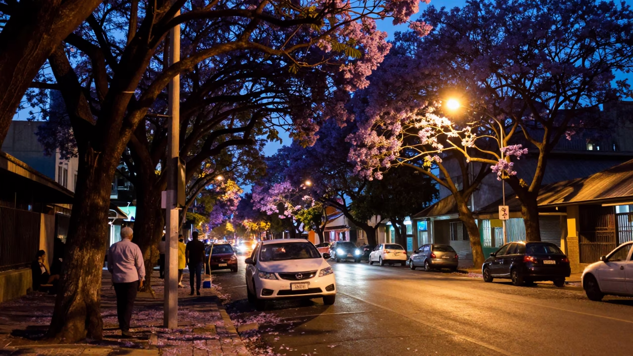 Midnight street life in Johannesburg South Africa with jacaranda boulevard and urban details in in Johannesburg, South Africa