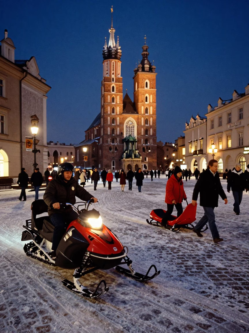 Midnight Street Life in Krakow Poland with Snowmobile and Toboggan Elements in in Krakow, Poland