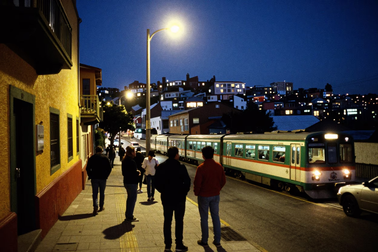 Midnight Street Life in Valparaiso Chile with Night Train and Local Interaction in in Valparaiso, Chile