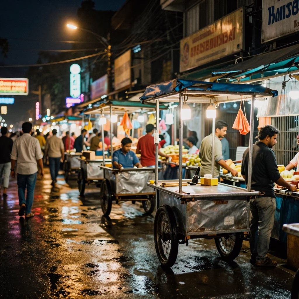 Midnight Street Market Scene in Kolkata India with Rolling Carts and Neon Lights in in Kolkata, India