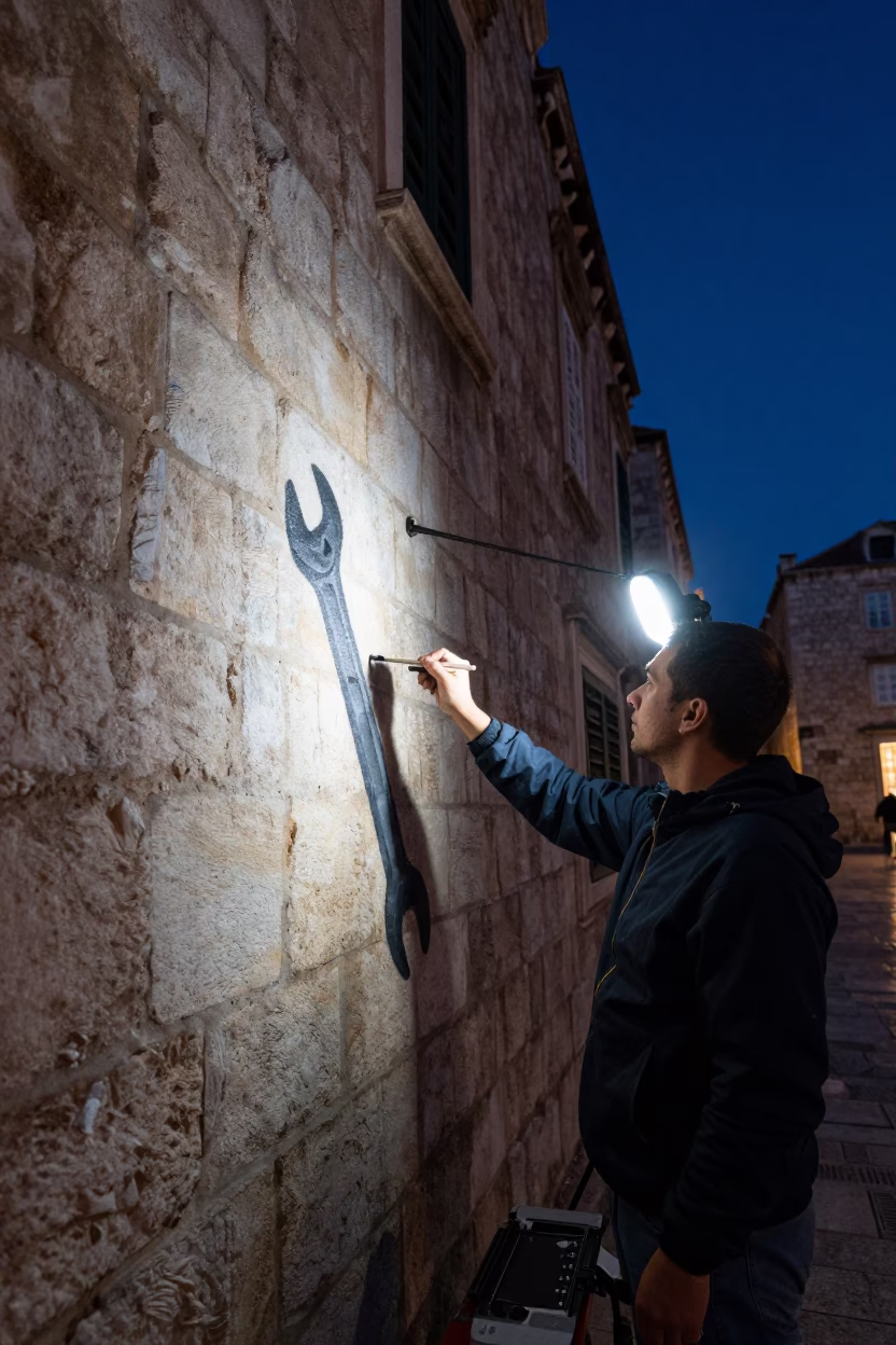 Midnight Street Mural Painting in Dubrovnik Croatia with Wrench in in Dubrovnik, Croatia