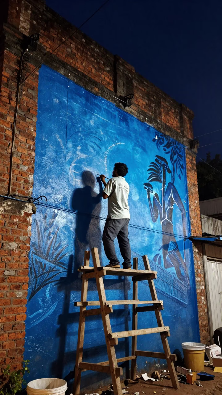 Midnight Street Mural Painting in Kochi India by Local Artist Under Streetlights in in Kochi, India