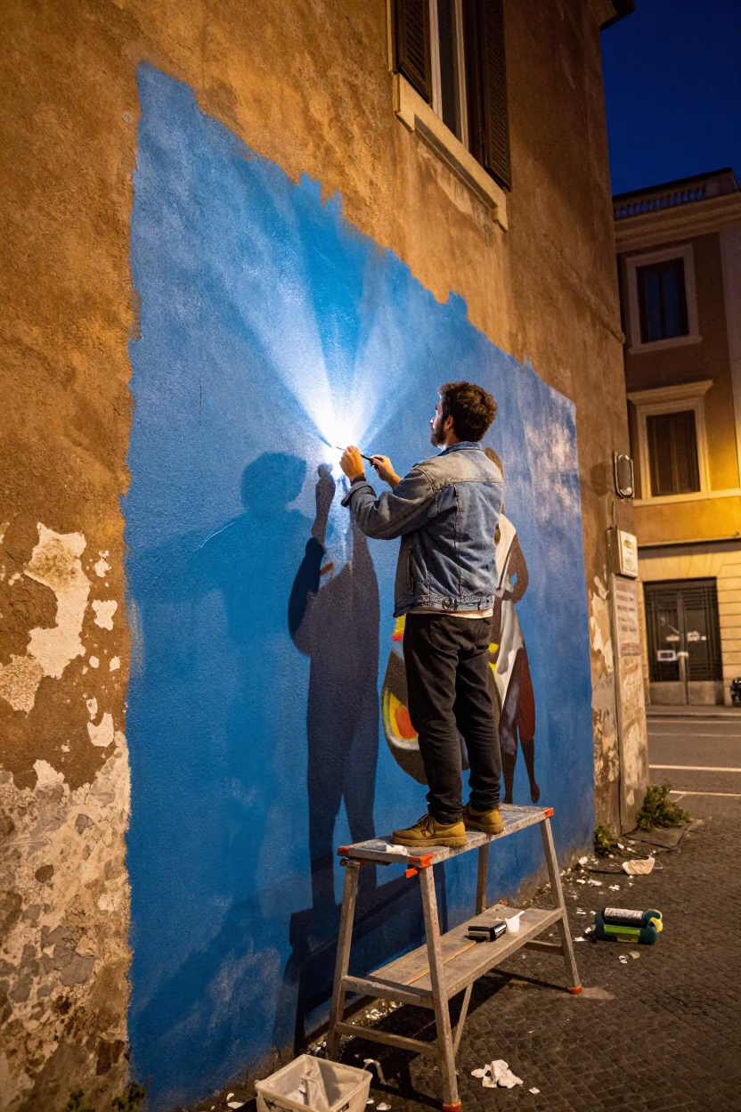 Midnight Street Mural Painting in Rome Italy Urban Art Scene in in Rome, Italy