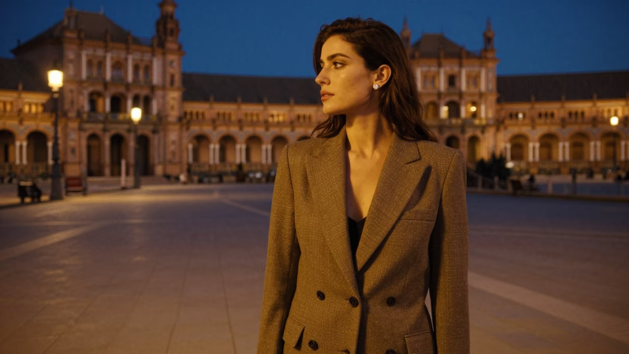 Midnight Street Photography in Seville Spain with Diamond Stud Earring Detail in in Seville, Spain