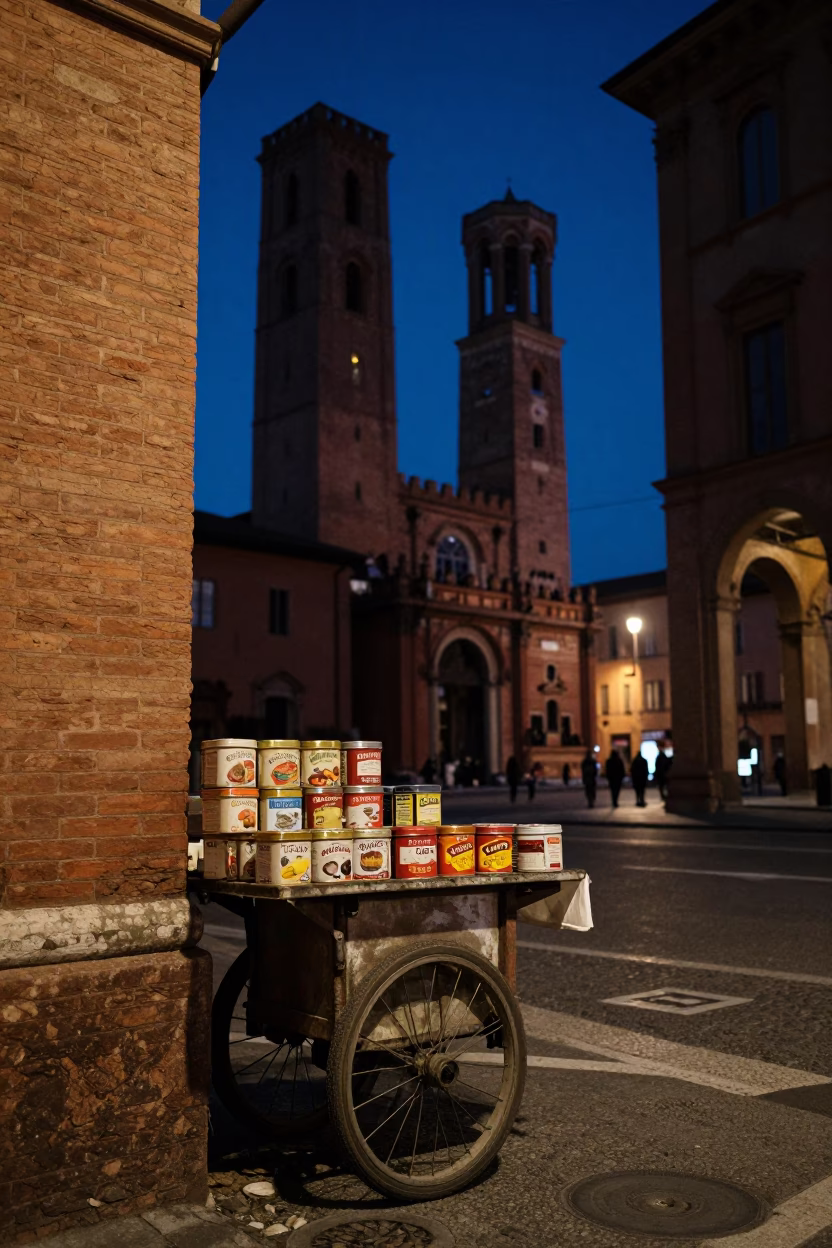 Midnight Street Photography of Bologna Italy with Vintage Spice Tins and Historic Architecture in in Bologna, Italy