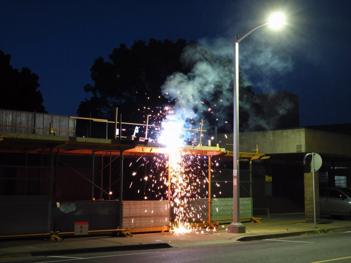 Midnight Street Photography of Perth Western Australia Urban Night Scene with Welding Sparks in in Perth, Western Australia, Australia