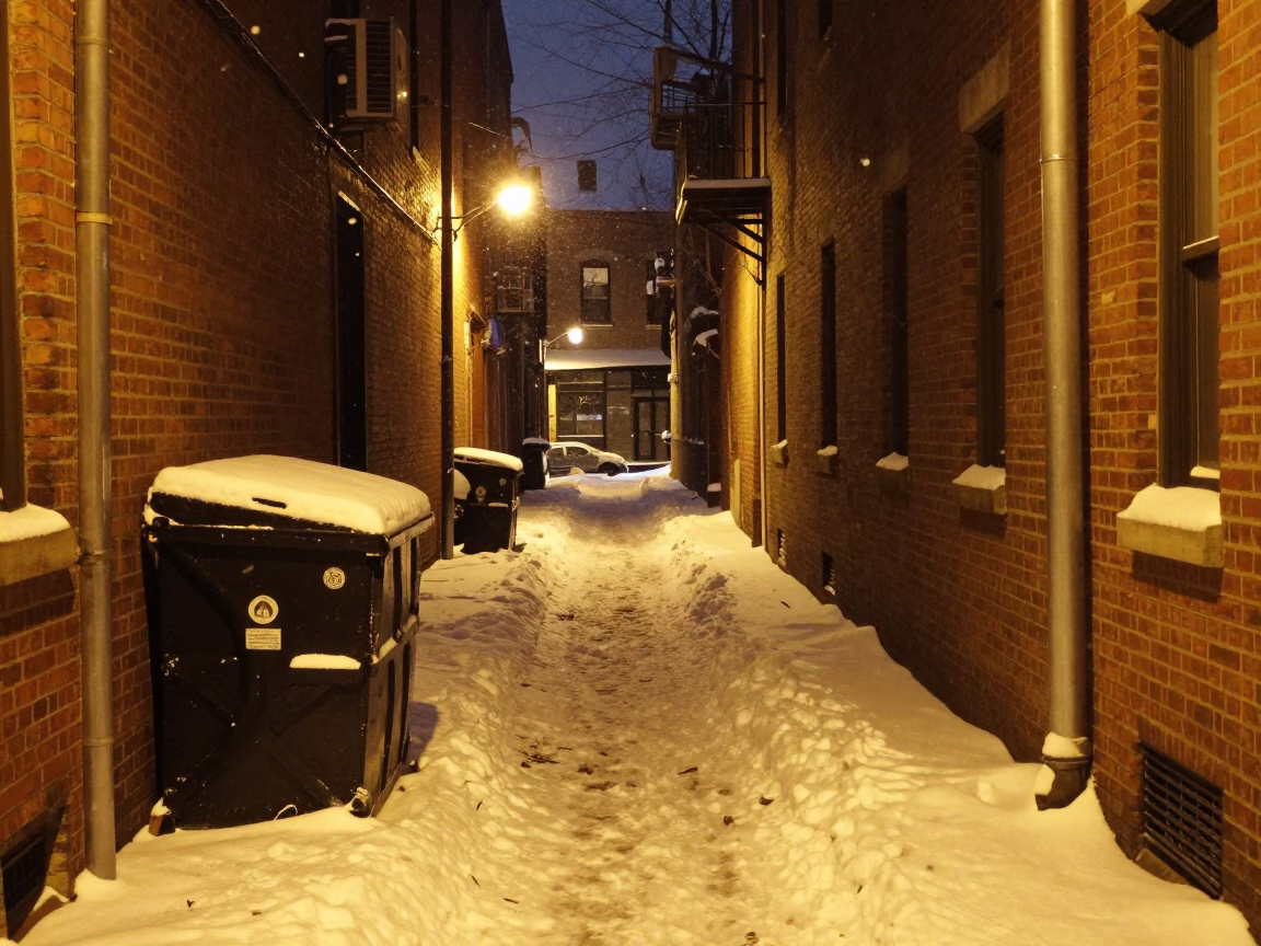 Midnight Street Photography of Philadelphia Pennsylvania Urban Alleyway with Snow and Sodium Lamp Illumination in in Philadelphia, Pennsylvania, United States