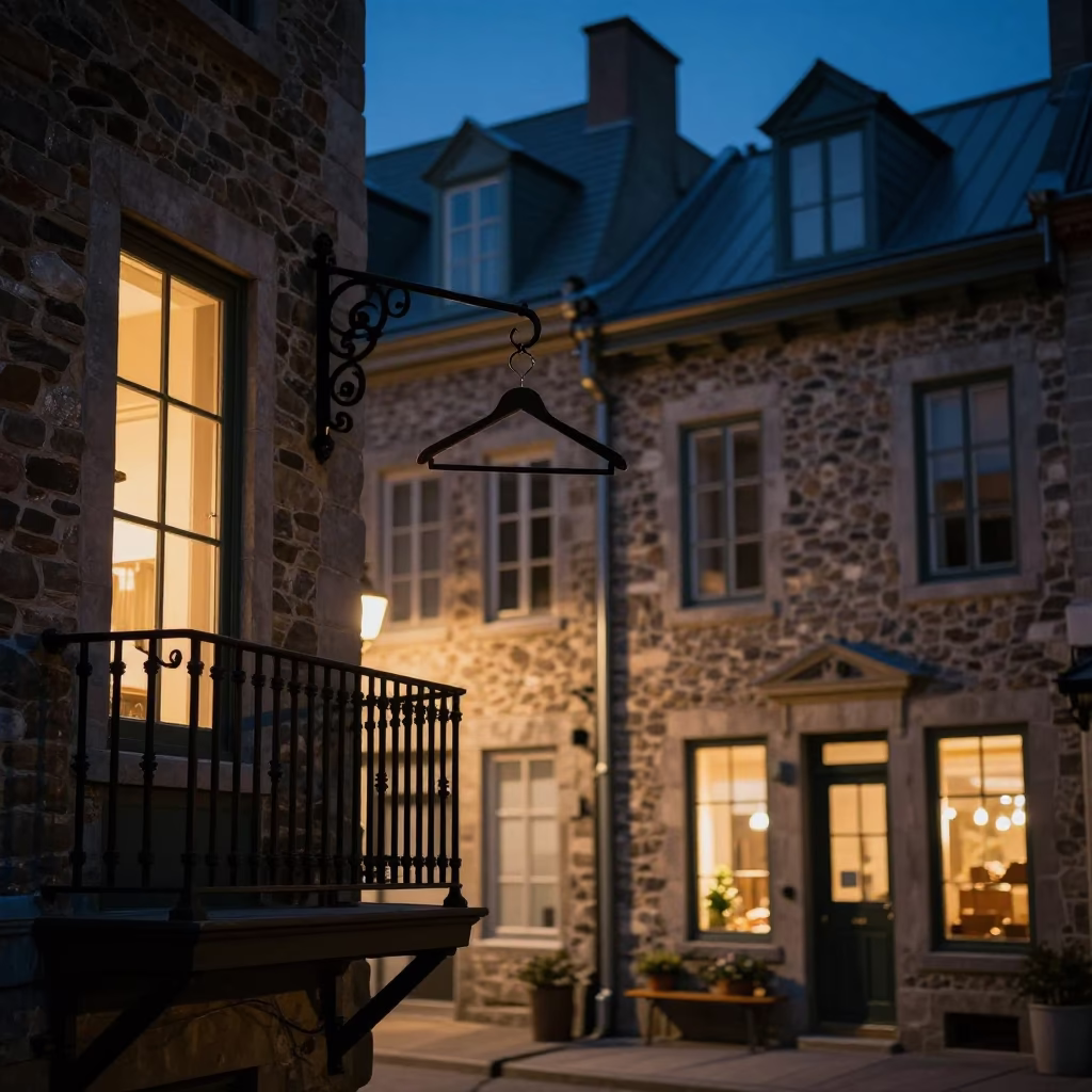 Midnight Street Photography of Quebec City Historic District with Vintage Neon and Urban Details in in Quebec City, Quebec, Canada
