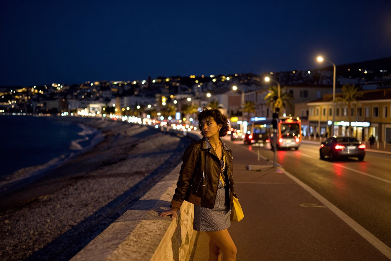 Midnight Street Photography of Vintage Fashion and Neon Lights in Nice France Coastal Cityscape in in Nice, France
