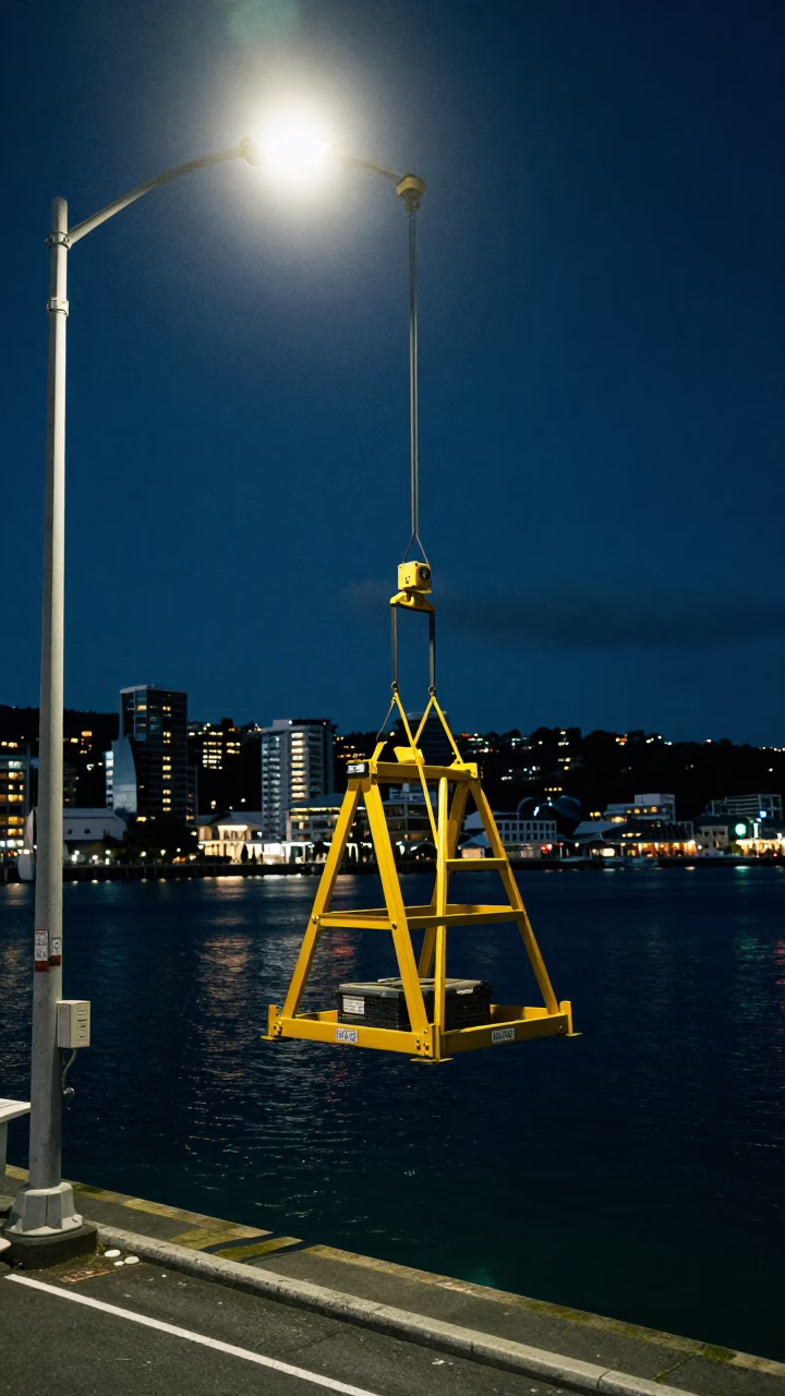 Midnight street photography of Wellington New Zealand harbor bridge maintenance cradle and urban waterfront in in Wellington, New Zealand