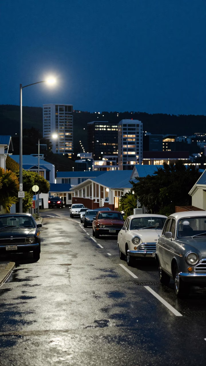 Midnight street photography of Wellington New Zealand harbor lights and vintage car reflection in in Wellington, New Zealand