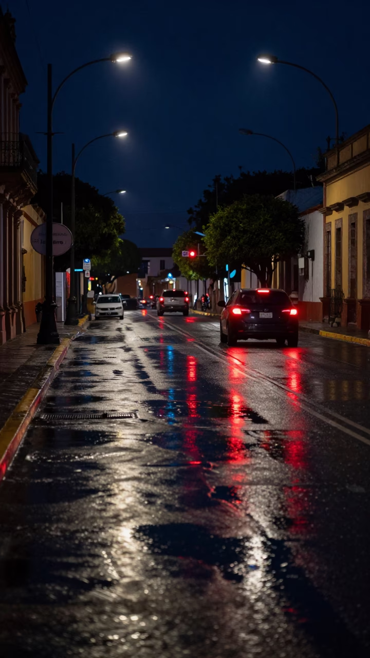 Midnight Street Reflections in Merida Mexico with Puddle and Tail Lights in in Merida, Mexico