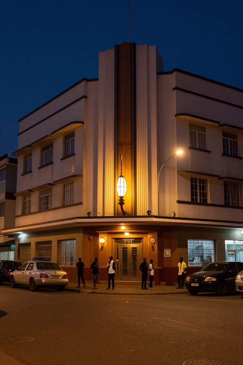 Midnight Street Scene in Accra Ghana with Art Deco Hotel Facade and Lantern Light in in Accra, Ghana