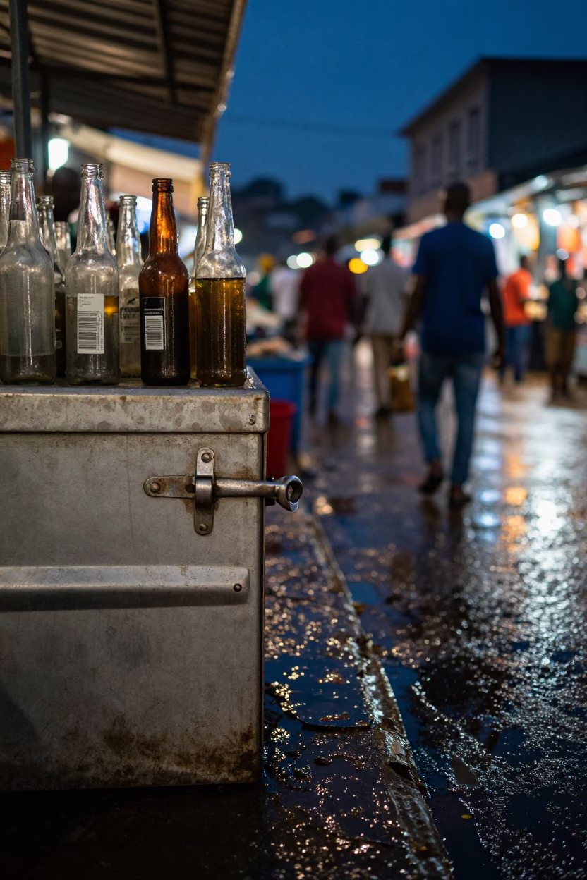 Midnight Street Scene in Accra Ghana With Glass Bottles and Latch Details in in Accra, Ghana