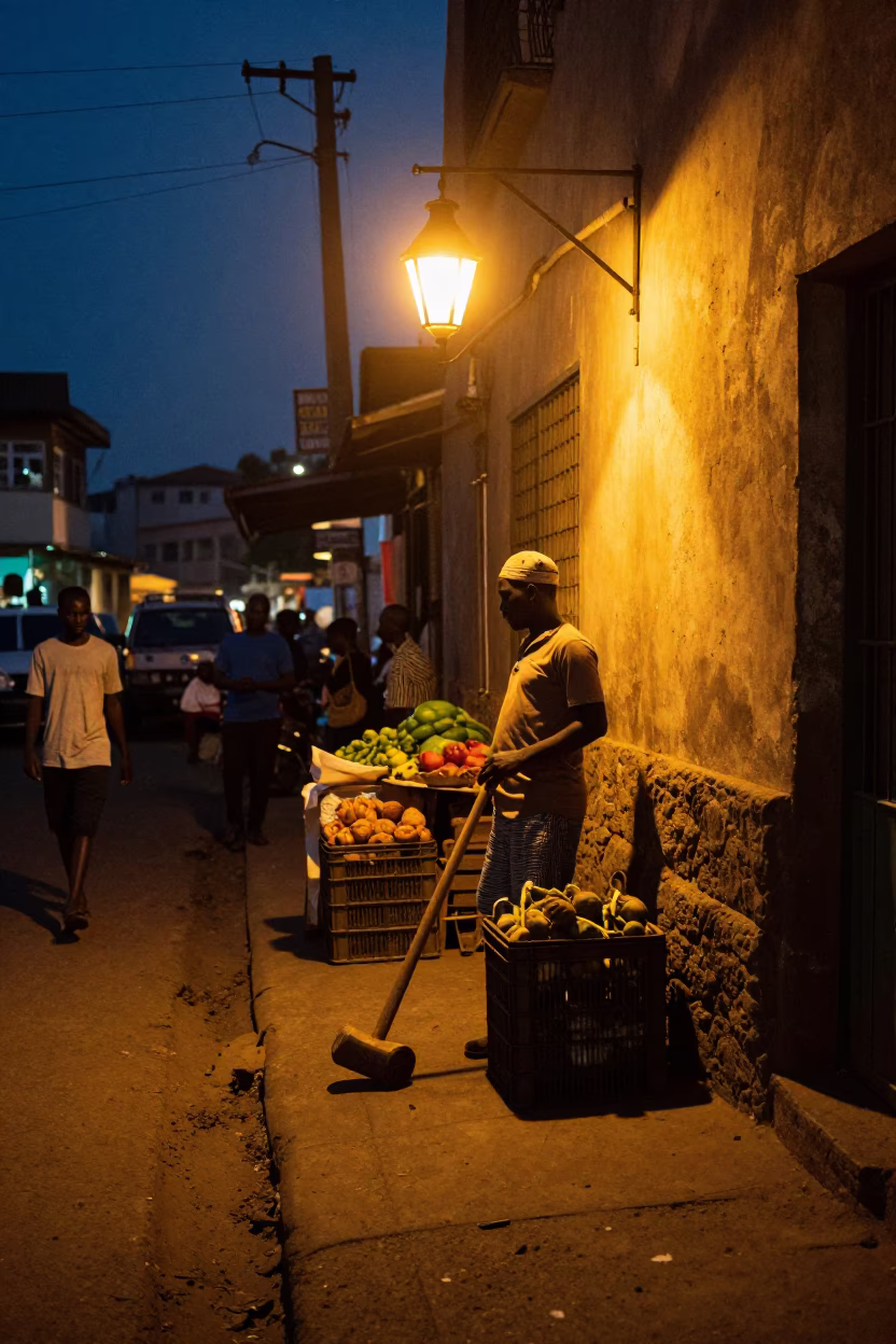 Midnight Street Scene in Accra Ghana with Lantern Light and Local Activity in in Accra, Ghana
