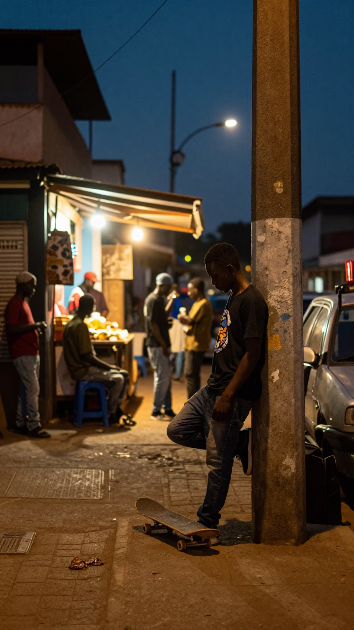 Midnight Street Scene in Accra Ghana with Skateboard and Local Activity in in Accra, Ghana