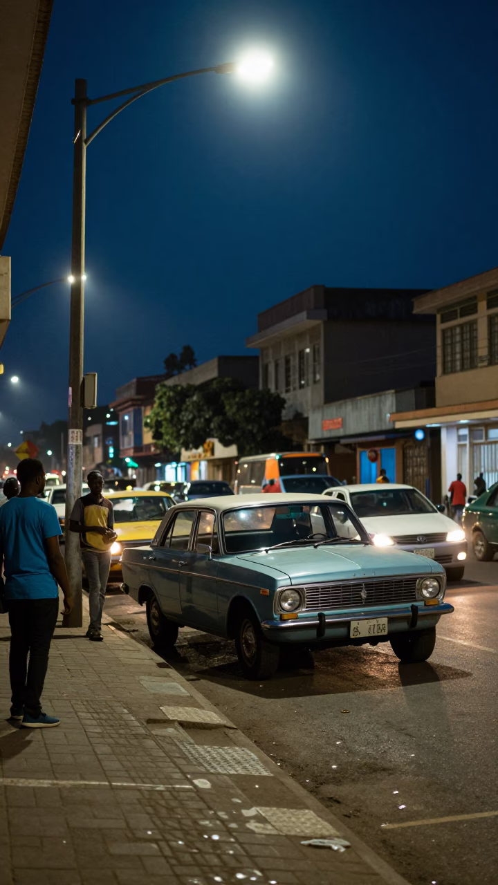 Midnight Street Scene in Accra Ghana with Vintage Car and Urban Activity in in Accra, Ghana