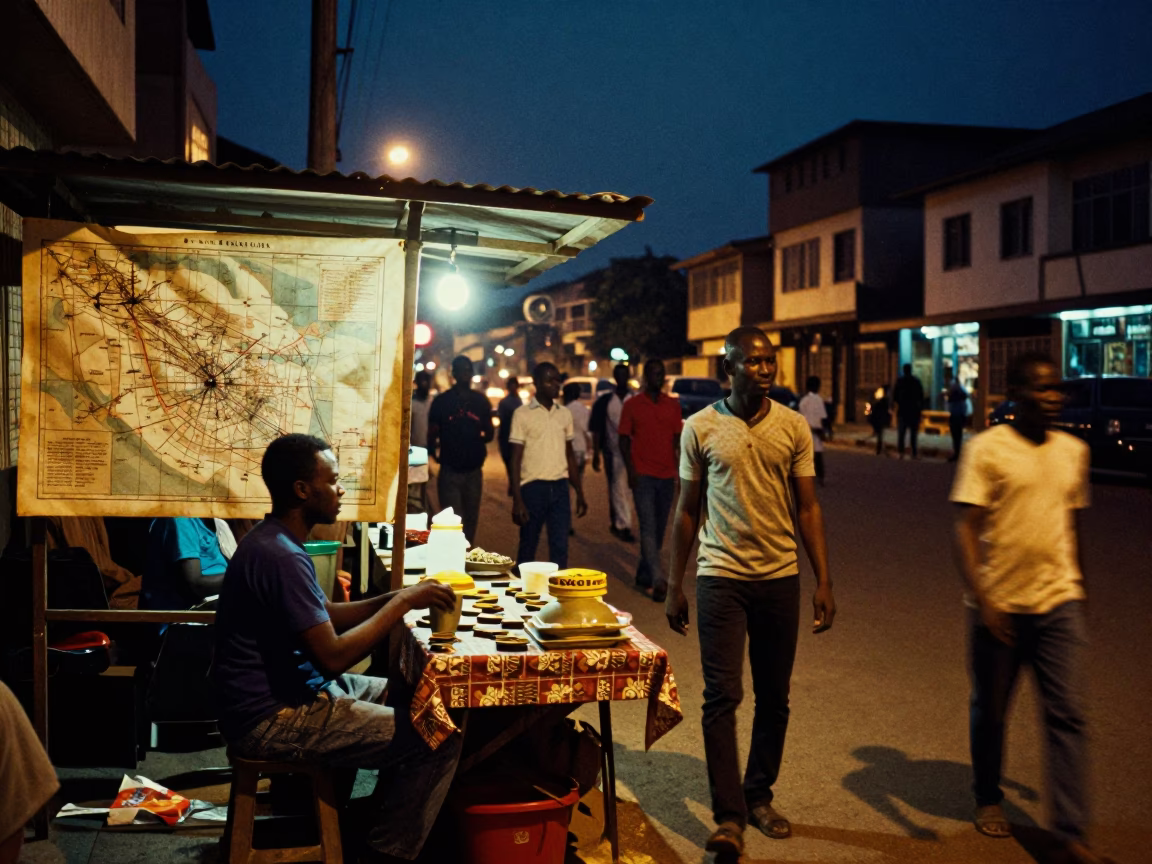 Midnight Street Scene in Accra Ghana with Vintage Nautical Chart and Candlelight in in Accra, Ghana