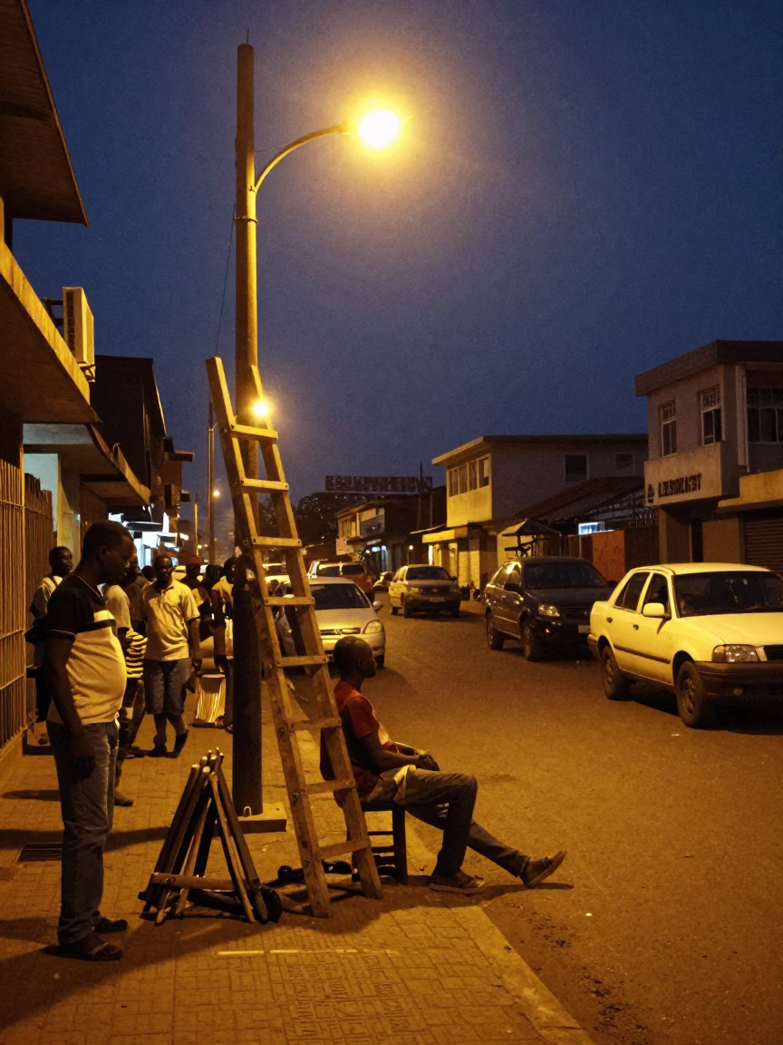 Midnight Street Scene in Accra Ghana with Wooden Ladder and Folding Chair in in Accra, Ghana