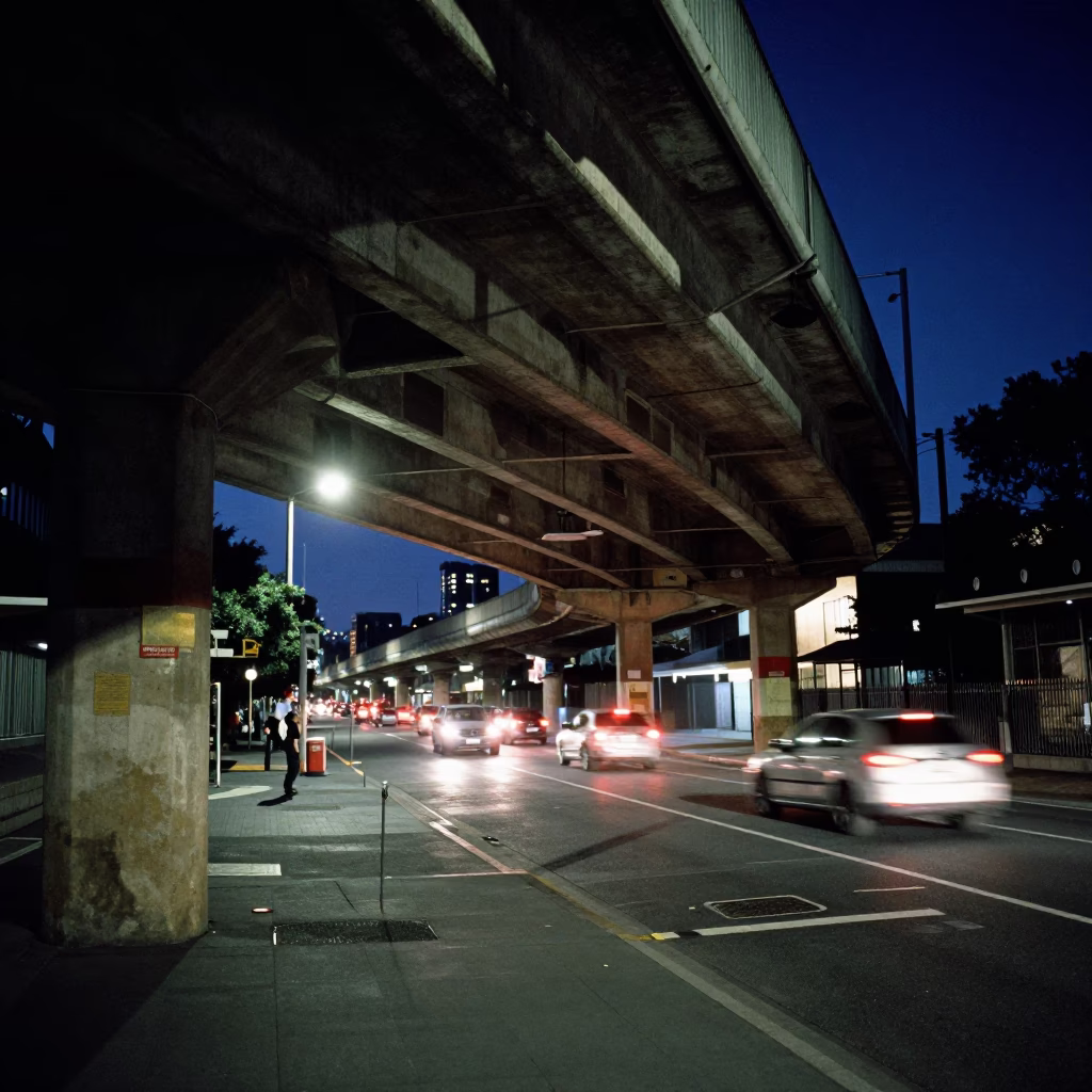 Midnight Street Scene in Adelaide South Australia with Flyover and Traffic Shadows in in Adelaide, South Australia, Australia