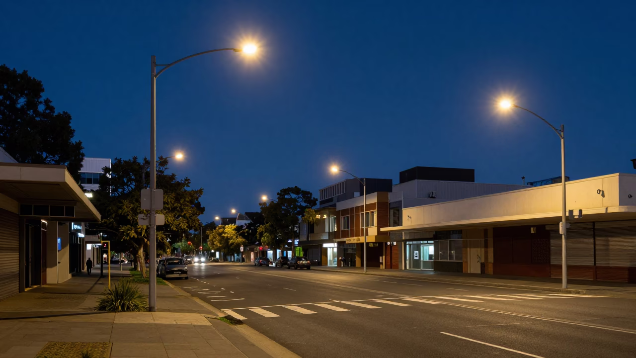 Midnight street scene in Adelaide South Australia with streetlights and urban architecture in in Adelaide, South Australia, Australia