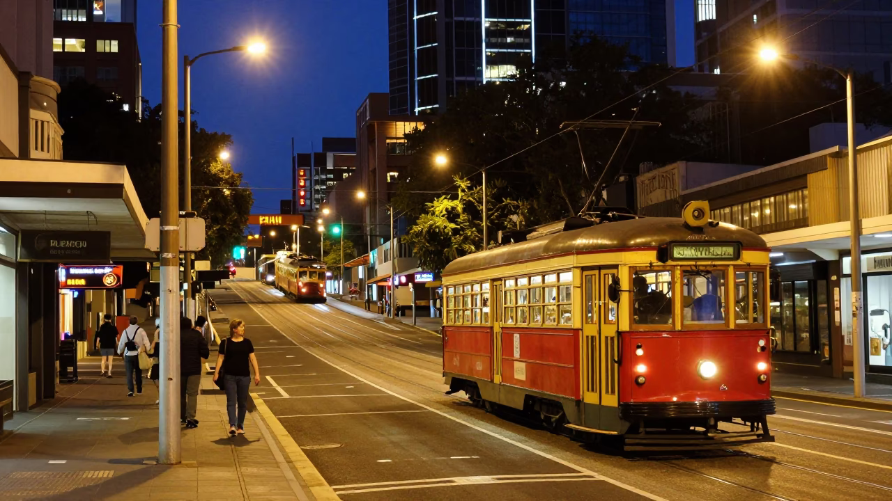 Midnight Street Scene in Adelaide South Australia with Tram and Urban Architecture in in Adelaide, South Australia, Australia