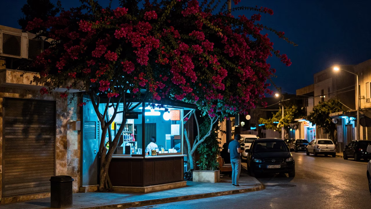Midnight street scene in Alexandria Egypt with bougainvillea and urban nightlife in in Alexandria, Egypt