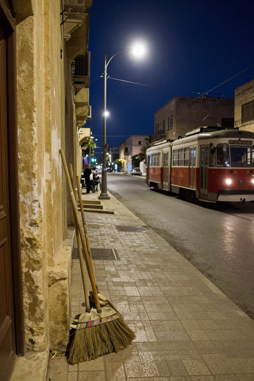 Midnight Street Scene in Alexandria Egypt with Brooms and Tram on Steep Hill in in Alexandria, Egypt