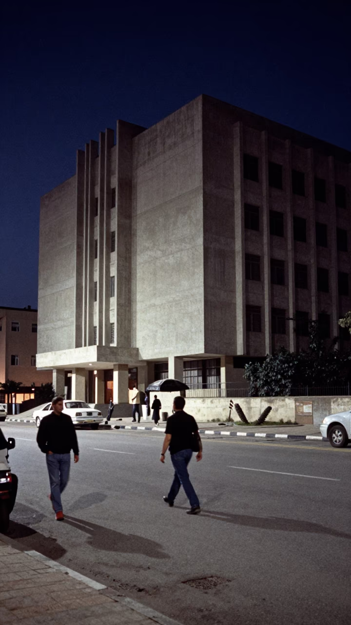 Midnight Street Scene in Alexandria Egypt with Concrete Brutalist University Building and Local Activity in in Alexandria, Egypt