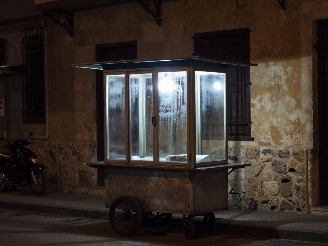 Midnight Street Scene in Alexandria Egypt with Condensation on Glass Cabinet Door in in Alexandria, Egypt