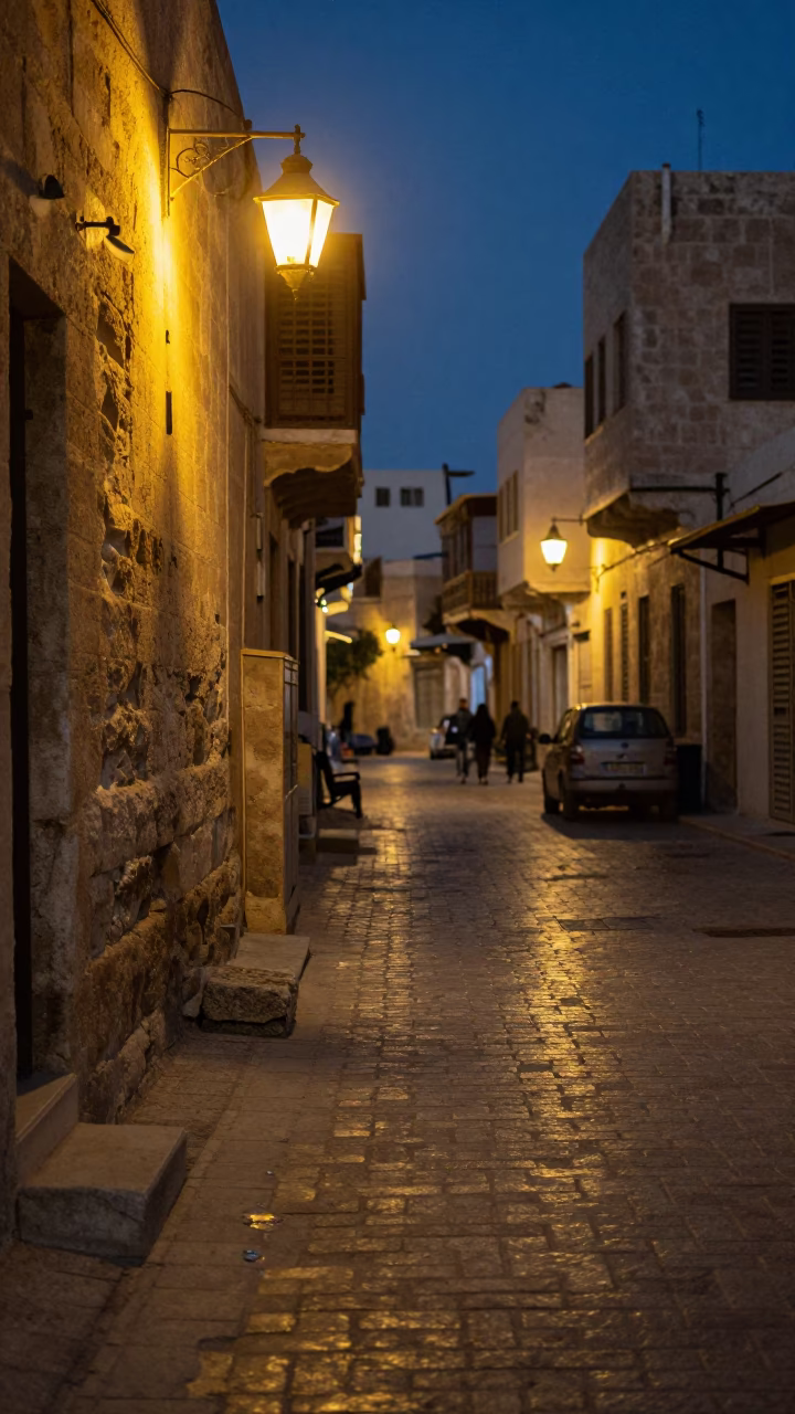 Midnight Street Scene in Alexandria Egypt with Glowing Lantern and Local Life in in Alexandria, Egypt